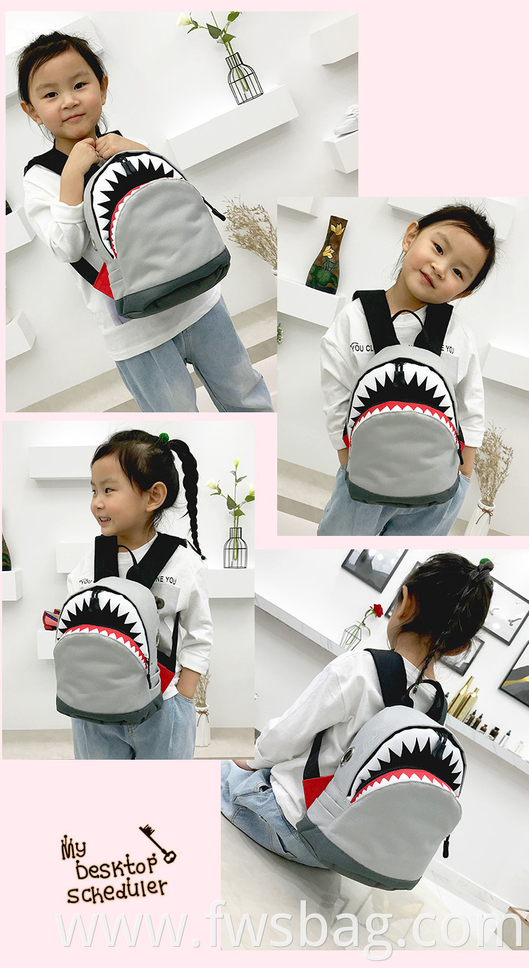 Fashion Toddler Kindergarten Black Cartoon Kids Backpack With 3D Shark Animal Print